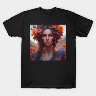 Beautiful Woman with Colorful Flowers in Her Hair T-Shirt